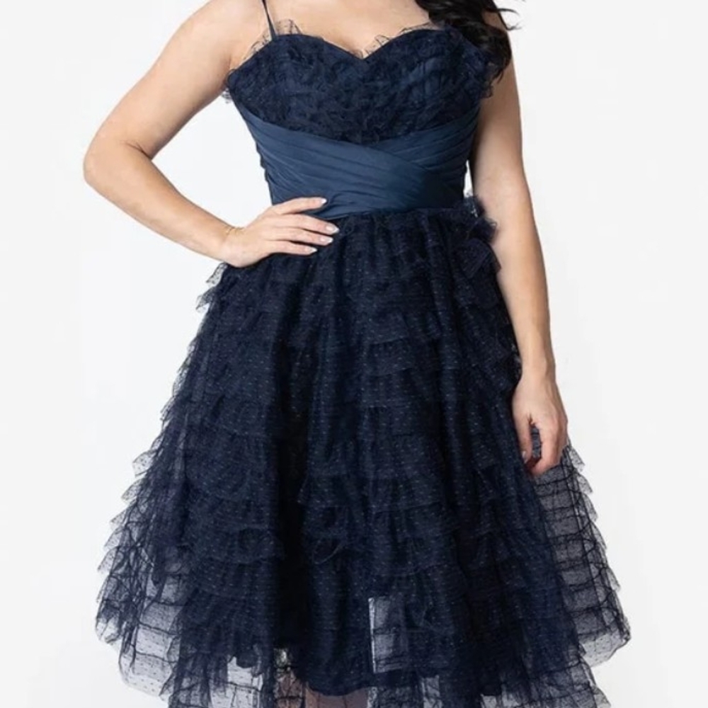 Unique Vintage Navy Blue Fit and Flare Midi Dress L NWOT